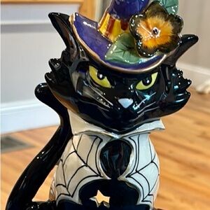 Black Cat Figurine with Purple hat tea light holder by,  blue sky clay works